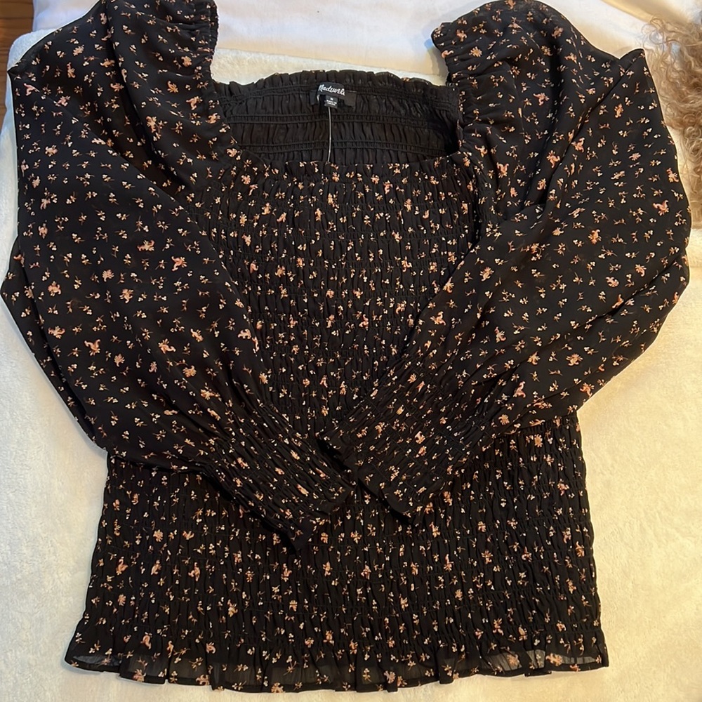 NWT Madewell (Re)sourced Georgette Lucie Bubble-Sleeve Smocked Top in Stem - Picture 4 of 6